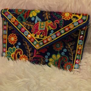 Embroidered Clutch with Elephant Design - Multicolor